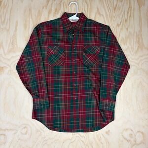 Kingsport Mens Plaid Button Down Shirt Medium Burgundy Green Long Sleeve Pocket